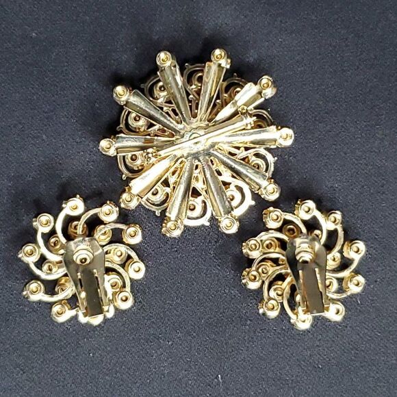 Vtg Pink Rhinestone Crystal Floral Brooch Clip Earring Set Barbiecore October - Picture 4 of 4